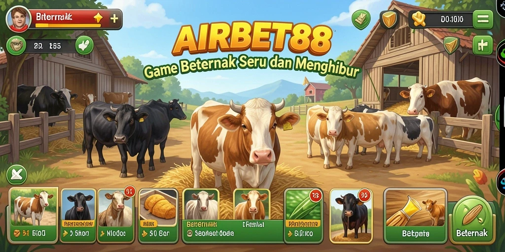 Tampilan utama AIRBET88 menampilkan kebun yang penuh warna dan hewan ternak.