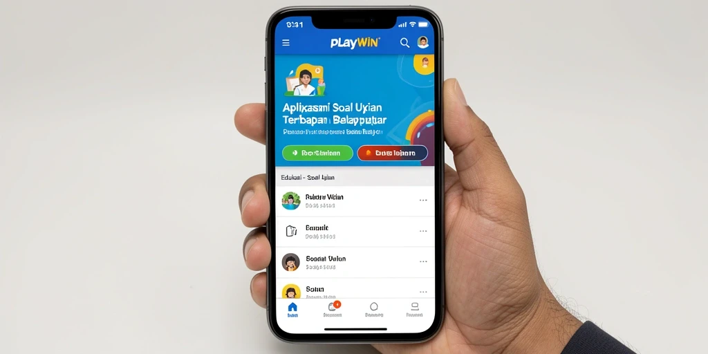 Tampilan antarmuka PLAYWIN dengan soal ujian interaktif.