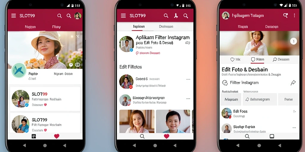 Tampilan antarmuka aplikasi SLOT99 dengan pilihan filter Instagram.